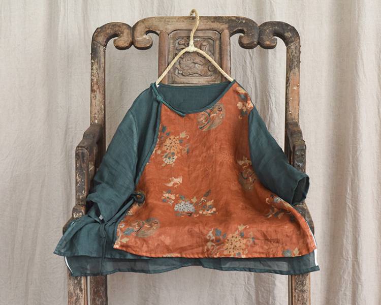 燕燕~棉麻商品 苧麻材質 拼布斜襟盤扣上衣 短款小衫中袖繫帶襯衫 短袖棉麻衫 