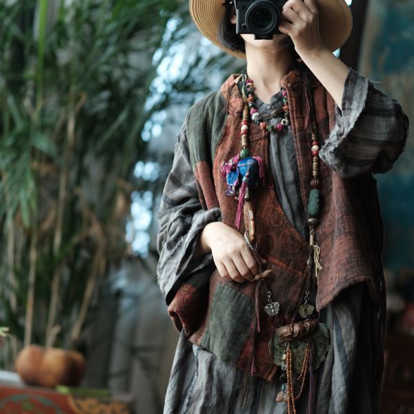 燕燕~棉麻商品~中式改良側開襟夾棉拼布背心棉麻杉. ab178301 