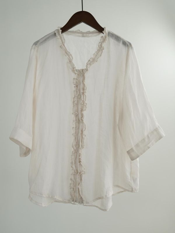 燕燕~夏季新款~復古細苧麻防曬襯衫 木耳邊田園開襟上衣 ab2634601 