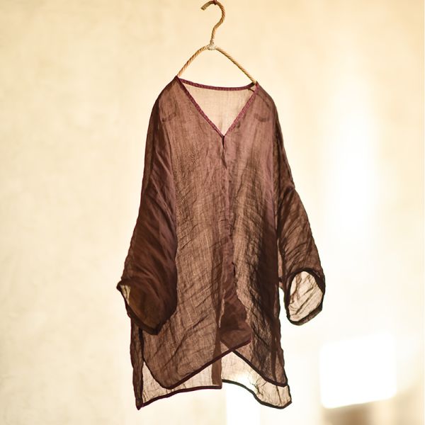 燕燕. 春夏新款 雙色輕薄襯衫 撞色V領手工針跡繡線文藝麻衫 上衣 