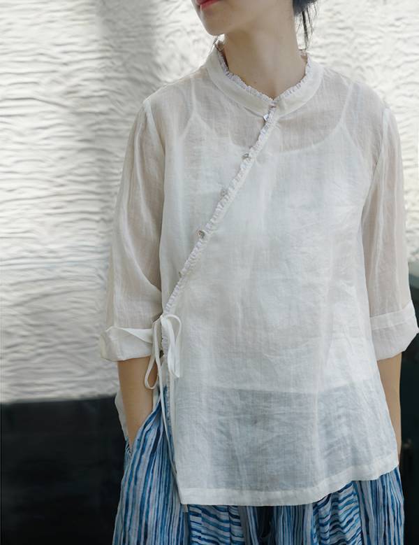 燕燕~棉麻商品~苧麻材質 花邊斜襟設計襯衫 上衣 長袖棉麻衫 1-2233 
