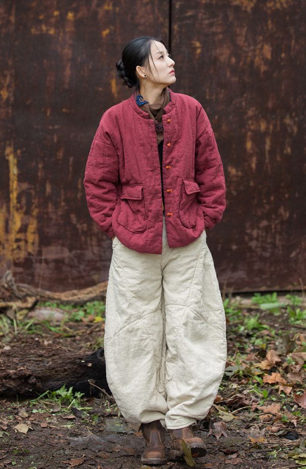 燕燕~冬新款  苧麻夾棉絎縫保暖棉服改良盤扣立領百搭女式短棉衣 外套 