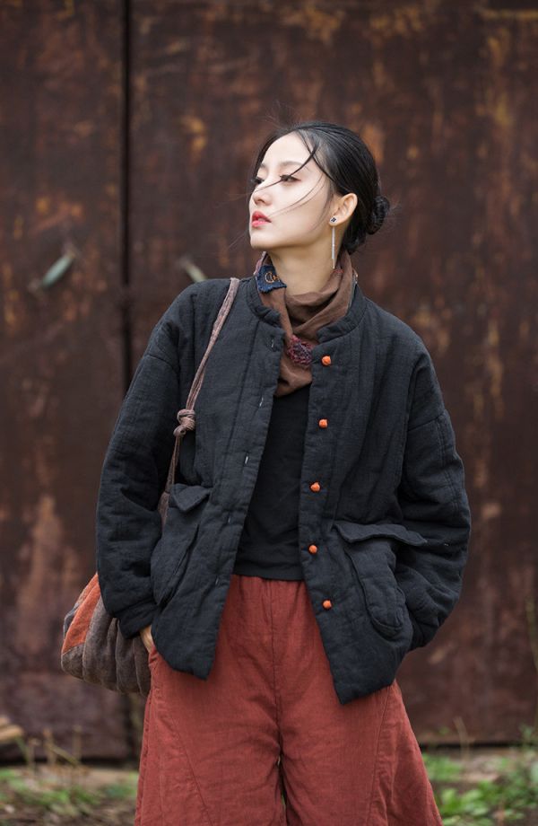 燕燕~冬新款  苧麻夾棉絎縫保暖棉服改良盤扣立領百搭女式短棉衣 外套 