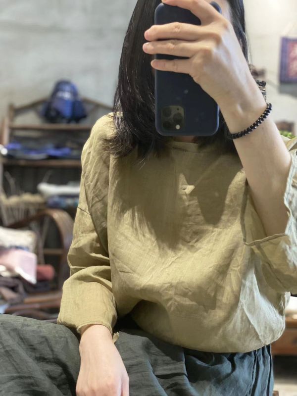 燕燕～輕薄 文藝復古休閒套頭一字領夏季防曬苧麻衫上衣 
