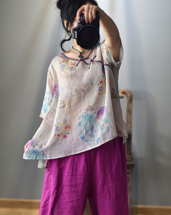 燕燕~棉麻商品~苧麻材質 數碼印花V領盤扣寬鬆襯衫 文藝上衣 短袖棉麻 