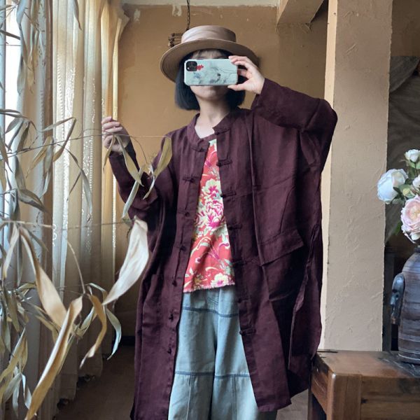 燕燕～ 純亞麻  色織寬鬆不對稱口袋對襟長外套 