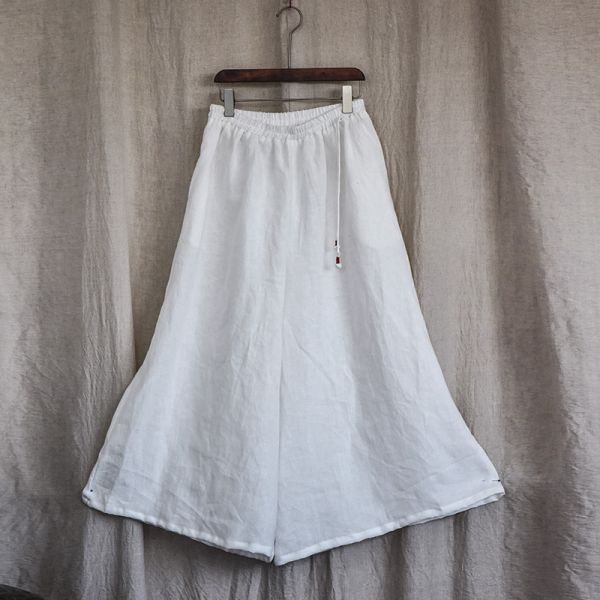 燕燕~棉麻商品~亞麻材質 寬鬆顯高顯瘦闊腿褲 民俗風寬褲 文藝休閒鬆緊腰褲裙 盤扣帶長褲 