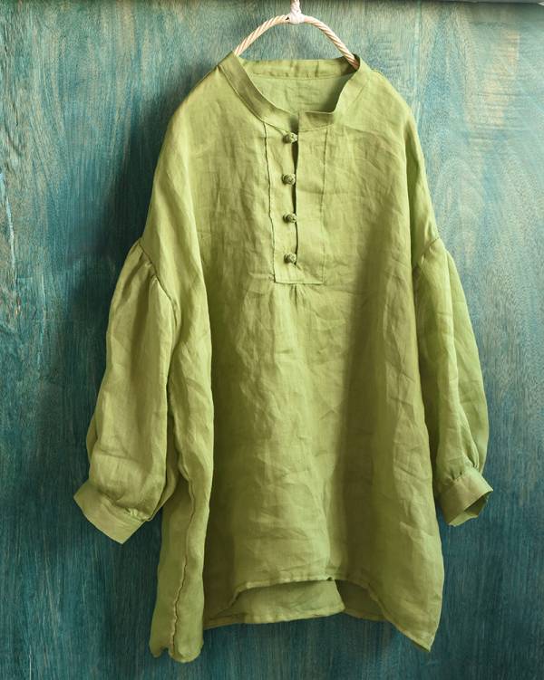 燕燕~棉麻商品~精細苧麻材質 盤扣七分袖襯衫寬鬆文藝泡泡袖上衣小衫 