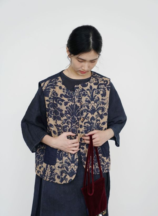 燕燕~復古藍染印花對襟夾棉 全新中式椰殼扣加厚背心 ab2531501 