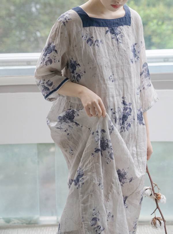 燕燕棉麻～文藝印花苧麻材質 復古水墨寬鬆顯瘦長袍方領 洋裝 連身裙  ab2119001 