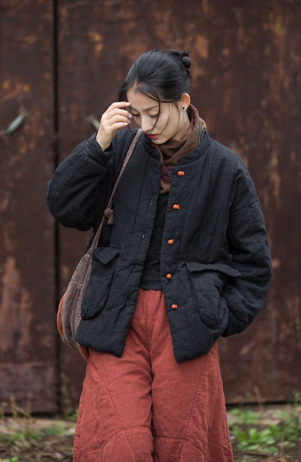 燕燕~冬新款  苧麻夾棉絎縫保暖棉服改良盤扣立領百搭女式短棉衣 外套 