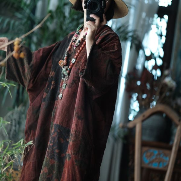 燕燕~秋冬新款 復古文藝V領拼布粗條絨棉袍洋裝 連身裙 ab222101 