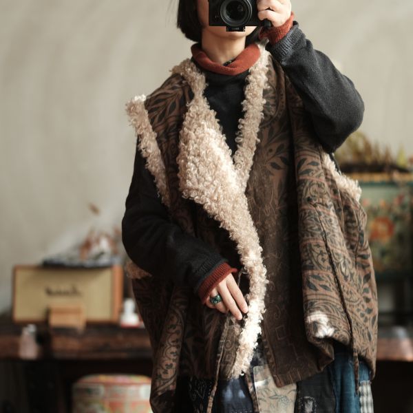 燕燕~復古羊捲毛翻領繫帶夾棉背心 ab227201 