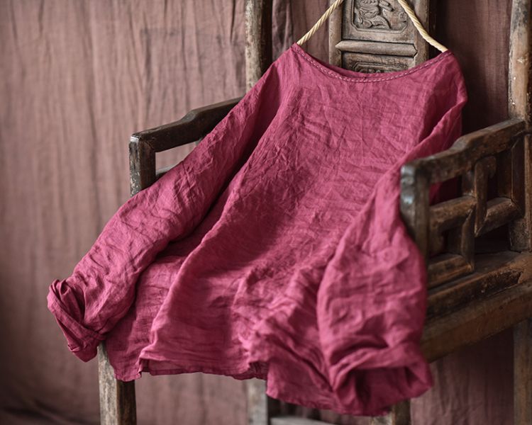 燕燕～春夏款  輕薄苧麻   文藝圓領手縫線套頭小衫 上衣 襯衫 長袖棉麻衫 