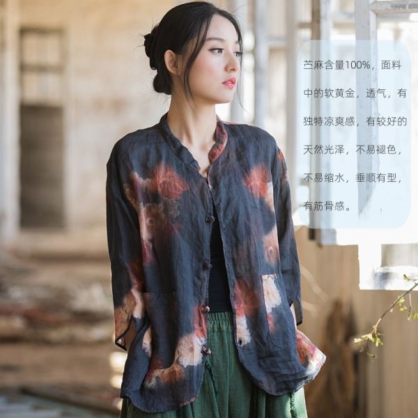 燕燕~夏棉麻新品 苧麻 薄款數碼印花襯衫 新中式盤扣設計感女式開衫上衣 