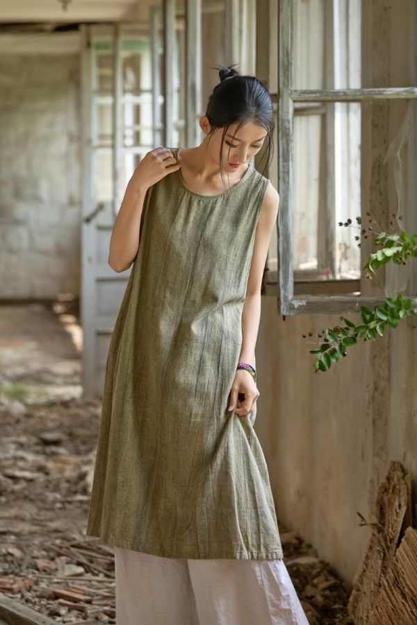 燕燕~秋款 亞麻紮染長裙 寬鬆顯瘦簡約無袖洋裝 連身裙 