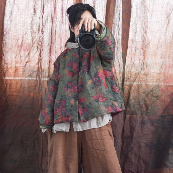 燕燕～秋冬款 苧麻   印花大尺碼 寬鬆文藝復古棉衣 國風中長棉服上衣 