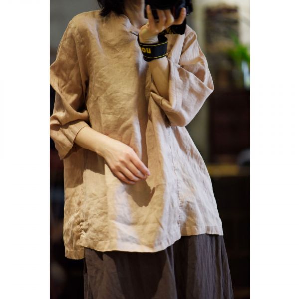 燕燕~亞麻 文藝復古手縫盤扣V領套頭七分袖 中長款麻衫 