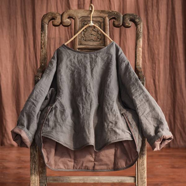 燕燕~棉麻商品~苧麻 寬鬆夾棉短款上衣 文棉服 寬鬆手工縫線棉衣上衣 