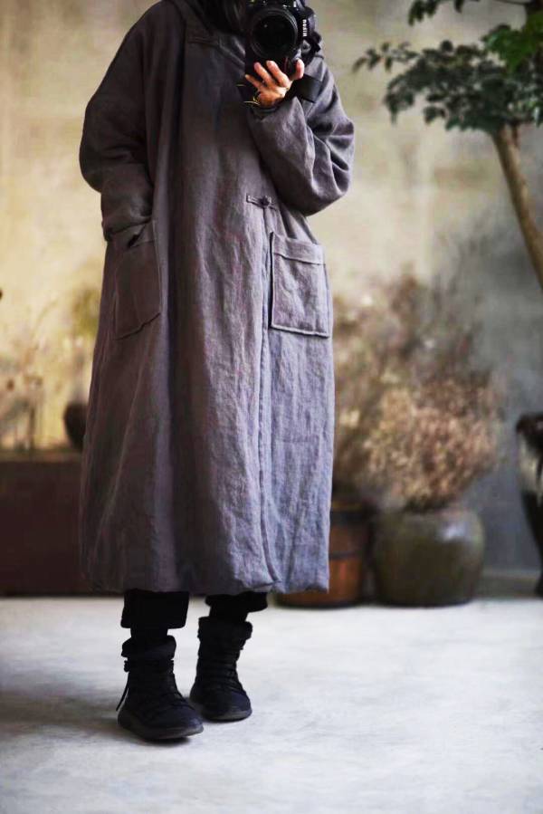 燕燕棉麻~~亞麻材質 冬裝新款 加厚砂洗夾棉連帽盤扣棉袍外套 長大衣 