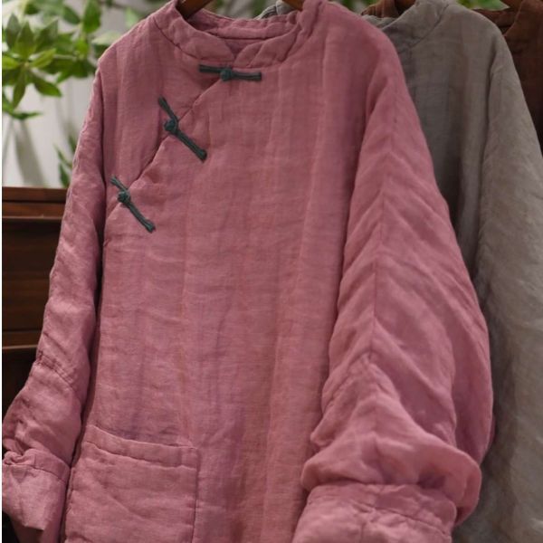 燕燕~秋款 色織亞麻中式復古偏襟盤扣中長小棉袍上衣 ab25301 