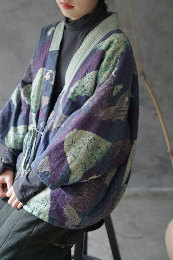 燕燕 秋冬款 數碼印花設計 寬鬆棉衣夾棉外套 和風斜襟茶服外套 ab020601 