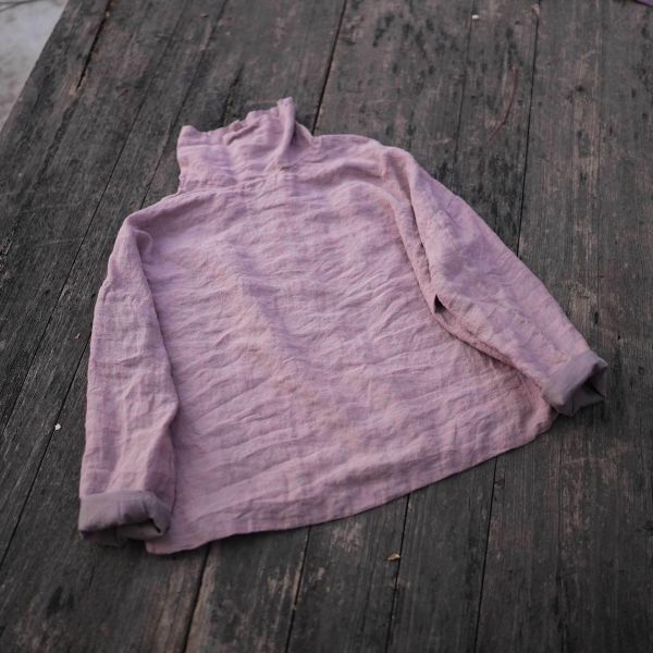 燕燕~色織亞麻 堆堆領上衣 文藝寬鬆上衣長袖襯衫 