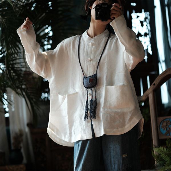 燕燕～純亞麻～復古對襟立領落肩襯衫 上衣 薄外套  ab147601 