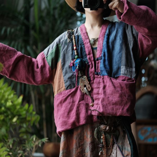 燕燕~秋冬新款 亞麻 做舊雪花洗拼布寬鬆短棉衣上衣。外套。ab178801 