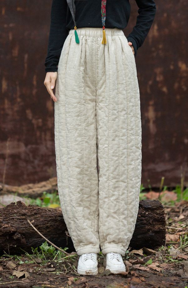 燕燕~苧麻夾棉絎縫炒色保暖長褲 時尚百搭休閒修身棉褲 