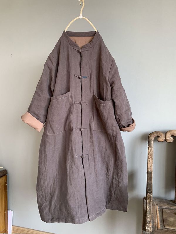 燕燕~亞麻~秋季新款 復古文藝長版加棉保暖中式棉襖棉衣 外套 