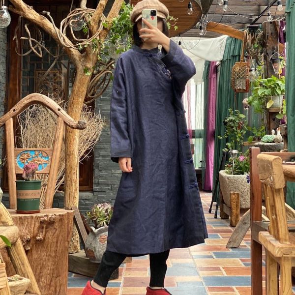 燕燕~棉麻商品~新中式色織蘭麻懷舊立領斜襟磨有里夾袍洋裝。連身裙。 ab176201 