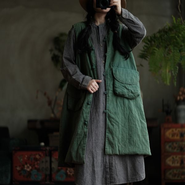 燕燕~棉麻商品~設計復古文藝小眾棉麻寬鬆口袋棉長背心  ab191701 