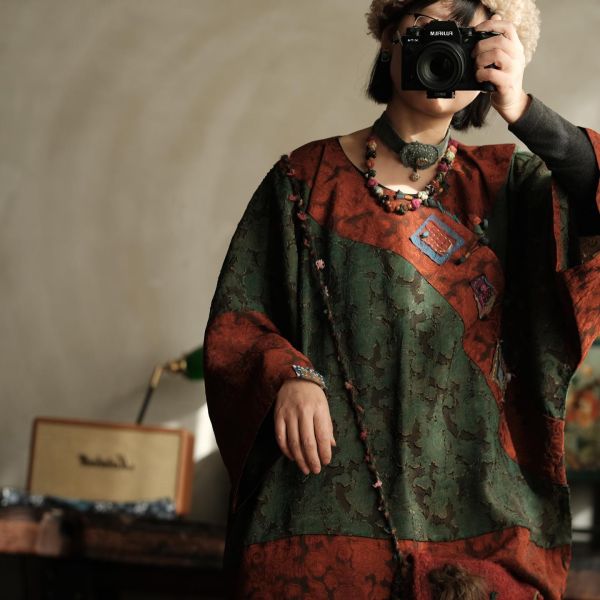 燕燕~棉麻商品~拼色復古文藝做舊人絲寬鬆大袖口中長斜襟襯衫 開襟衫 ab227801 