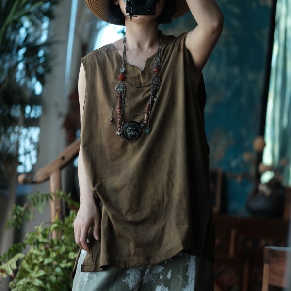 燕燕~夏季款式 復古手工植物染棉料V領背心 
