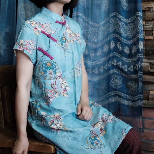 燕燕~棉麻商品~雙層棉 復古百搭盤扣打底長衫上衣 可當洋裝 連身裙  an061101 
