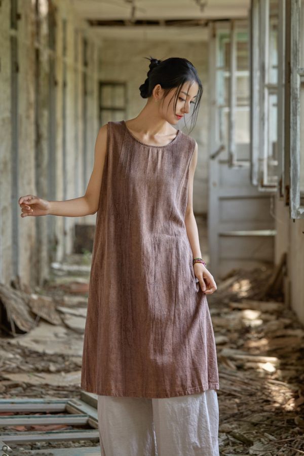 燕燕~秋款 亞麻紮染長裙 寬鬆顯瘦簡約無袖洋裝 連身裙 