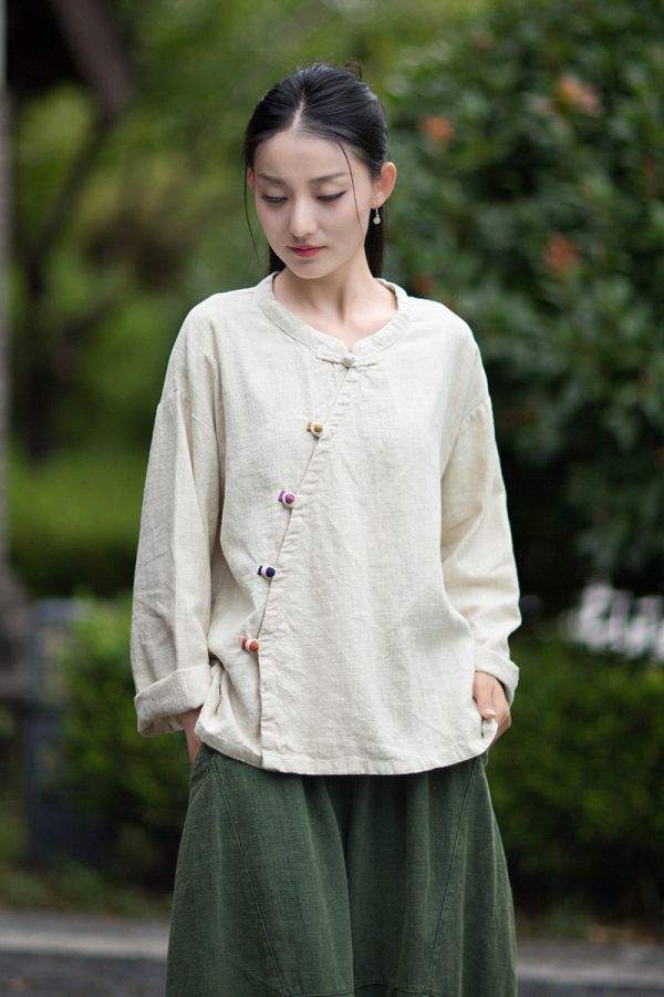 燕燕~秋季新款 禪意茶服苧麻長袖襯衫 復古斜襟盤扣上衣 
