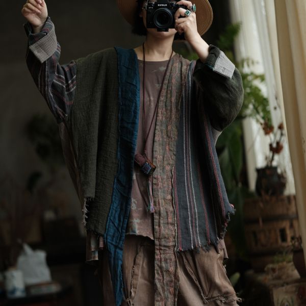 燕燕~秋款 復古文藝棉麻拼色外披薄外套 ab234901 