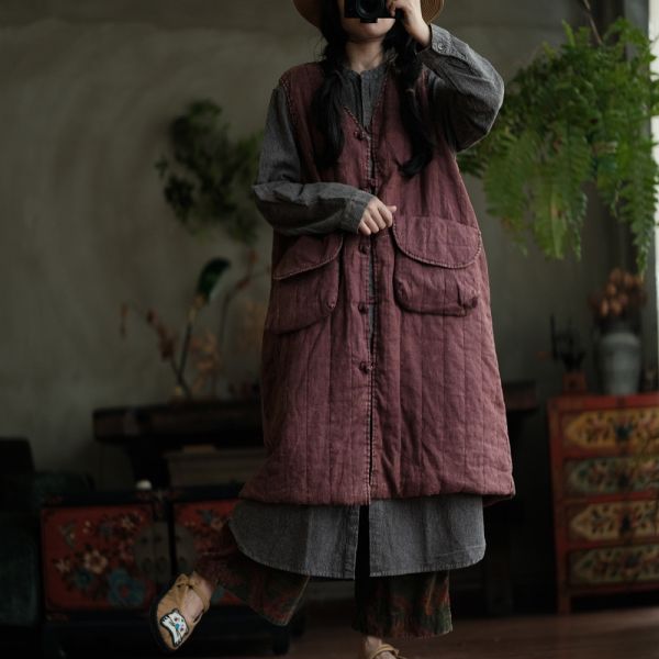 燕燕~棉麻商品~設計復古文藝小眾棉麻寬鬆口袋棉長背心  ab191701 