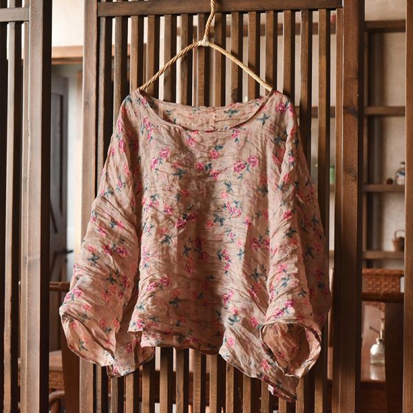 燕燕~苧麻~輕薄印花寬鬆短版女外套 時尚百搭襯衫休閒麻衫 上衣 