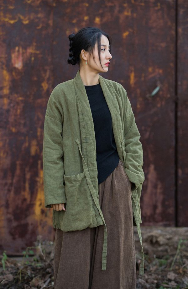 燕燕~秋冬新品  苧麻炒色夾棉加厚復古改良禪意風女式中長棉衣外套 