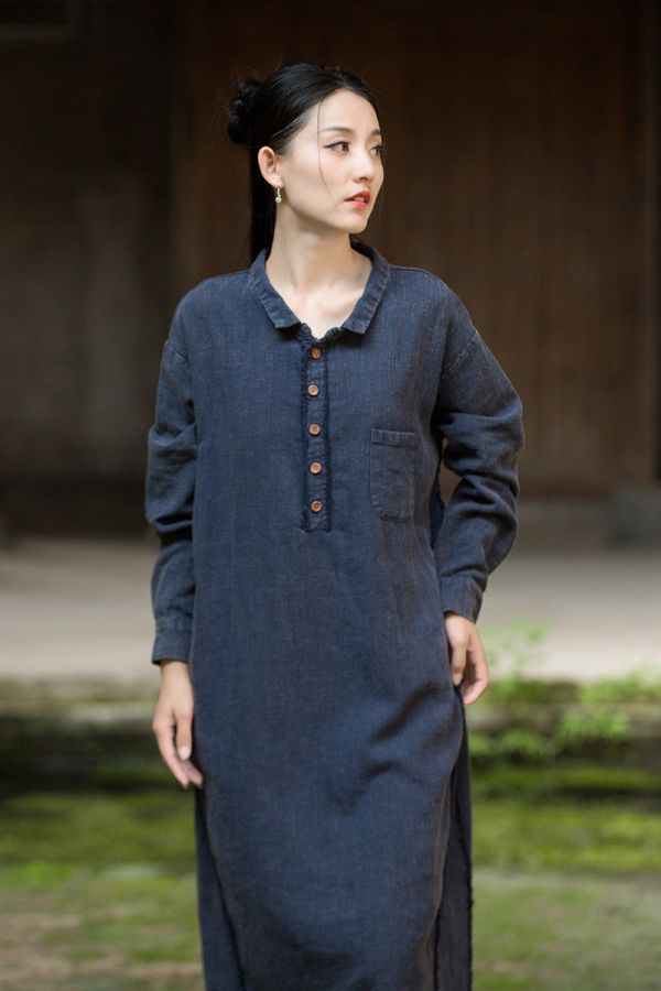 燕燕~秋季新款 莧麻磨毛砂洗炒色女禪意長袍洋裝 連身裙 