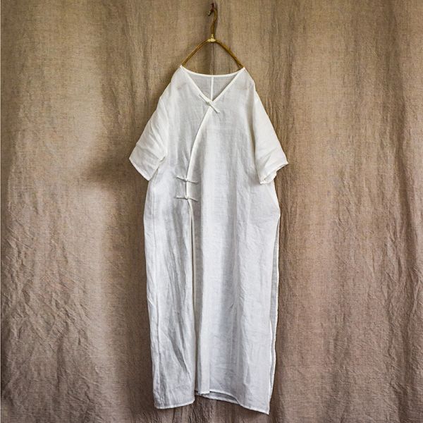 燕燕~苧麻 手工盤扣中國風改良禪意茶服中式復古文藝寬鬆長洋裝 連身裙 