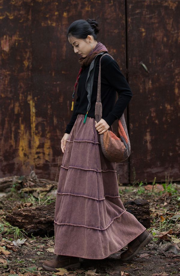 燕燕～秋冬新品  苧麻加絨加厚炒色裙子文藝復古百搭長裙 