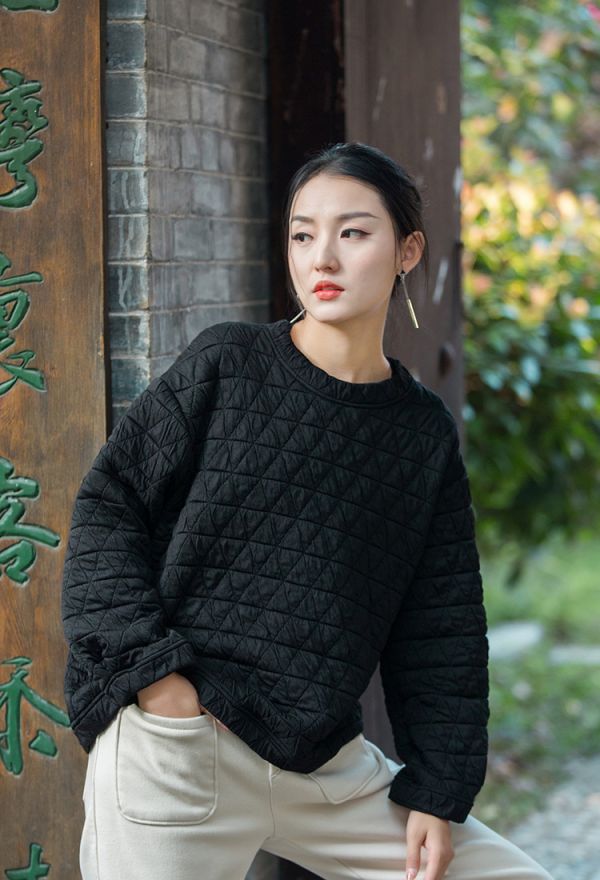 燕燕~棉麻商品~秋冬款 重工幾何絎縫格紋套頭衛衣夾棉加厚女打底氣質休閒舒適上衣 