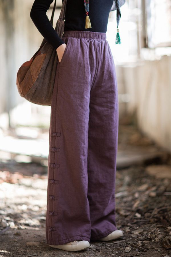 燕燕~秋冬新款 苧麻夾棉絎縫長褲 個性百搭保暖女款直筒棉褲 