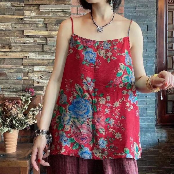 燕燕～夏款  棉麻 百搭舒適拼接前後兩穿寬鬆吊帶上衣 背心棉麻杉 