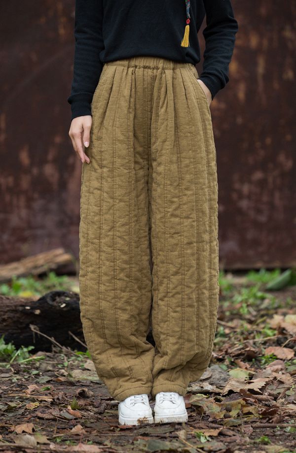 燕燕~苧麻夾棉絎縫炒色保暖長褲 時尚百搭休閒修身棉褲 