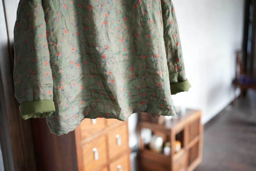 燕燕~秋冬新款 苧麻夾棉 數位印花高領棉衣 文藝休閒棉服上衣 